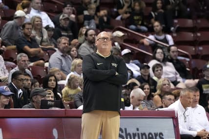 Nov 19, 2023; Charleston, SC, USA; Wake Forest Demon Deacons head coach Steve Forbes watches the action in the first half against the LSU Tigers at TD Arena. Mandatory Credit: David Yeazell-USA TODAY Sports