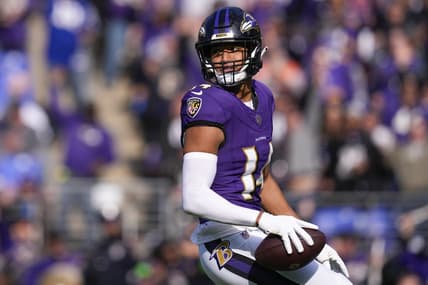 Nov 12, 2023; Baltimore, Maryland, USA;  Baltimore Ravens safety Kyle Hamilton (14) celebrates after scoring a touchdown against the Cleveland Browns during the first quarter at M&T Bank Stadium. Mandatory Credit: Jessica Rapfogel-USA TODAY Sports