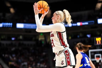 Nov 20, 2023; Columbia, South Carolina, USA; South Carolina Gamecocks forward Chloe Kitts (21) shoots against the South Dakota State Jackrabbits in the first half at Colonial Life Arena. Mandatory Credit: Jeff Blake-USA TODAY Sports