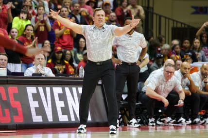 Nov 23, 2023; Kissimmee, Florida, USA;  Iowa State Cyclones head coach T. J. Otzelberger reacts after a play against the Virginia Commonwealth Rams in the second half during the ESPN Events Invitational at State Farm Field House. Mandatory Credit: Nathan Ray Seebeck-USA TODAY Sports