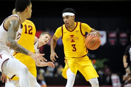 Nov 24, 2023; Kissimmee, FL, USA; Iowa State Cyclones guard Tamin Lipsey (3) controls the ball against the Virginia Tech Hokies in the second half  during the ESPN Events Invitational Semifinal at State Farm Field House. Mandatory Credit: Nathan Ray Seebeck-USA TODAY Sports