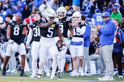 Nov 25, 2023; Durham, North Carolina, USA; Duke Blue Devils wide receiver Jalon Calhoun (5) celebrates a play  during the second half of the game against Pittsburgh Panthers at Wallace Wade Stadium.  Mandatory Credit: Jaylynn Nash-USA TODAY Sports