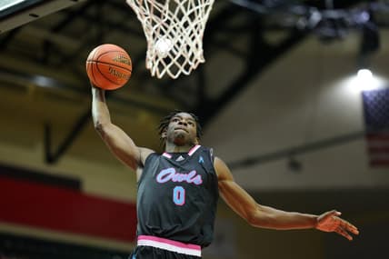 Nov 26, 2023; Kissimmee, FL, USA;  Florida Atlantic Owls forward Brenen Lorient (0) dunks the ball against the Virginia Tech Hokies in the second half during the ESPN Events Invitational Championship game at State Farm Field House. Mandatory Credit: Nathan Ray Seebeck-USA TODAY Sports