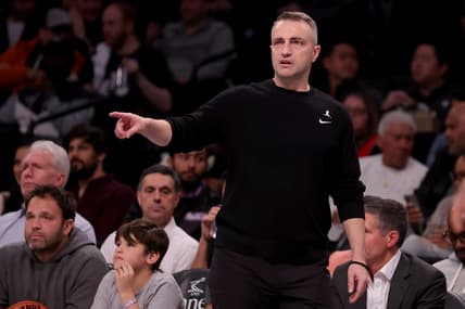 Nov 28, 2023; Brooklyn, New York, USA; Toronto Raptors head coach Darko Rajakovic coaches against the Brooklyn Nets during the second quarter at Barclays Center. Mandatory Credit: Brad Penner-USA TODAY Sports