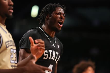 Nov 28, 2023; Atlanta, Georgia, USA; Mississippi State Bulldogs forward Cameron Matthews (4) reacts to a referee against the Georgia Tech Yellow Jackets in the second half at McCamish Pavilion. Mandatory Credit: Brett Davis-USA TODAY Sports