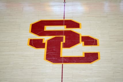 Nov 29, 2023; Los Angeles, California, USA The SC logo at midcourt during the game between the Southern California Trojans and the Eastern Washington Eagles at the Galen Center. Mandatory Credit: Kirby Lee-USA TODAY Sports