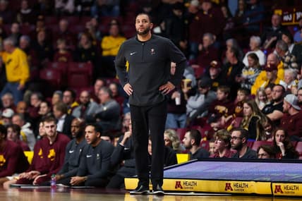 Nov 30, 2023; Minneapolis, Minnesota, USA; Minnesota Golden Gophers head coach Ben Johnson looks on during the first half against the New Orleans Privateers at Williams Arena. Mandatory Credit: Matt Krohn-USA TODAY Sports