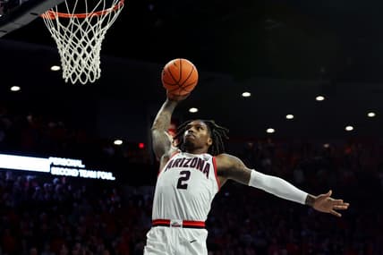 Dec 2, 2023; Tucson, Arizona, USA; Arizona Wildcats guard Caleb Love (2) dunks the ball against the Colgate Raiders during the second half at McKale Center. Mandatory Credit: Zachary BonDurant-USA TODAY Sports