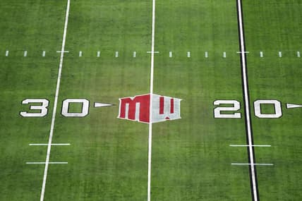 Dec 2, 2023; Las Vegas, NV, USA; The Mountain West conference logo on the field at Allegiant Stadium. Mandatory Credit: Kirby Lee-USA TODAY Sports