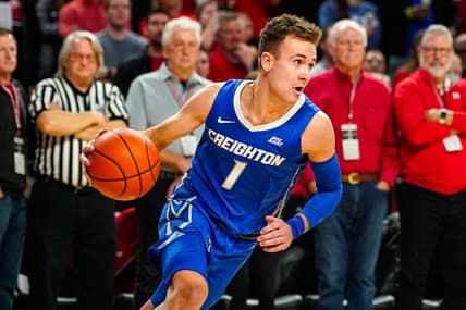 Dec 3, 2023; Lincoln, Nebraska, USA; Creighton Bluejays guard Steven Ashworth (1) turns after getting a rebound against the Nebraska Cornhuskers during the first half at Pinnacle Bank Arena. Mandatory Credit: Dylan Widger-USA TODAY Sports