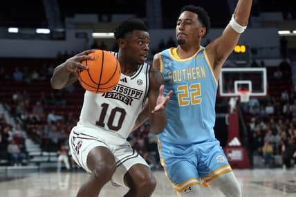 Dec 3, 2023; Starkville, Mississippi, USA; Mississippi State Bulldogs guard Dashawn Davis (10) drives to the basket as Southern Jaguars guard Antoine Jacks (2) defends during the second half at Humphrey Coliseum. Mandatory Credit: Petre Thomas-USA TODAY Sports
