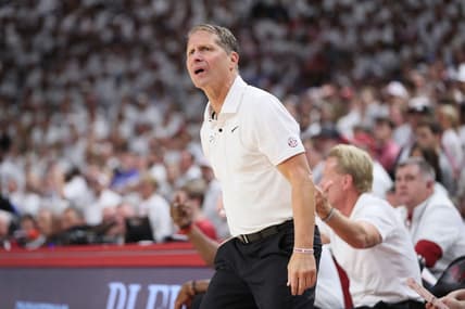 Nov 29, 2023; Fayetteville, Arkansas, USA; Arkansas Razorbacks head coach Eric Musselman during the second half against the Duke Blue Devils at Bud Walton Arena. Arkansas won 80-75. Mandatory Credit: Nelson Chenault-USA TODAY Sports