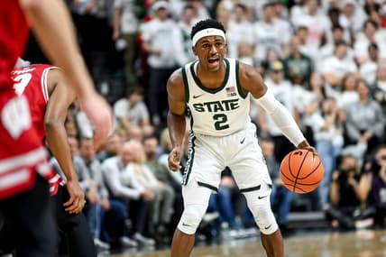 Michigan State's Tyson Walker calls out to teammates during the first half in the game against Wisconsin on Tuesday, Dec. 5, 2023, at the Breslin Center in East Lansing.