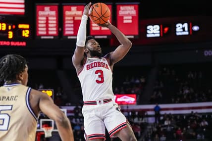 Dec 5, 2023; Athens, Georgia, USA; Georgia Bulldogs guard Noah Thomasson (3) shoots against the Georgia Tech Yellow Jackets during the first half at Stegeman Coliseum. Mandatory Credit: Dale Zanine-USA TODAY Sports