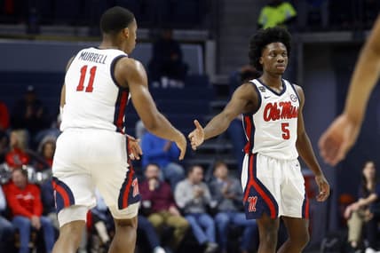 Dec 5, 2023; Oxford, Mississippi, USA; Mississippi Rebels guard Jaylen Murray (5) reacts with guard Matthew Murrell (11) during the second half against the Mount St. Mary's Mountaineers at The Sandy and John Black Pavilion at Ole Miss. Mandatory Credit: Petre Thomas-USA TODAY Sports