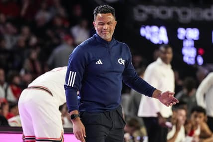 Dec 5, 2023; Athens, Georgia, USA; Georgia Tech Yellow Jackets head coach Damon Stoudamire reacts during the game against the Georgia Bulldogs at Stegeman Coliseum. Mandatory Credit: Dale Zanine-USA TODAY Sports