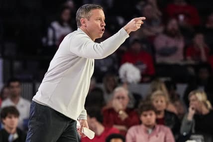 Dec 5, 2023; Athens, Georgia, USA; Georgia Bulldogs head coach Mike White reacts during the game against the Georgia Tech Yellow Jackets at Stegeman Coliseum. Mandatory Credit: Dale Zanine-USA TODAY Sports