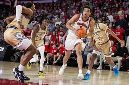 Dec 5, 2023; Athens, Georgia, USA; Georgia Bulldogs guard Jabri Abdur-Rahim (1) drives the ball to the basket against the Georgia Tech Yellow Jackets at Stegeman Coliseum. Mandatory Credit: Dale Zanine-USA TODAY Sports