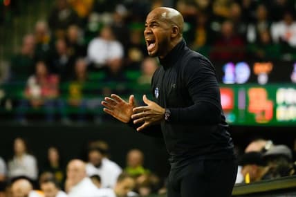 Dec 5, 2023; Waco, Texas, USA; Seton Hall Pirates head coach Shaheen Holloway disputes a call against the Baylor Bears during the first half at Ferrell Center. Mandatory Credit: Chris Jones-USA TODAY Sports