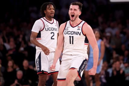 Dec 5, 2023; New York, New York, USA; Connecticut Huskies forward Alex Karaban (11) reacts during the second half against the North Carolina Tar Heels at Madison Square Garden. Mandatory Credit: Brad Penner-USA TODAY Sports