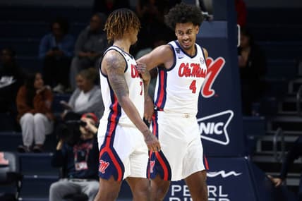 Dec 5, 2023; Oxford, Mississippi, USA; Mississippi Rebels forward Jaemyn Brakefield (4) and Mississippi Rebels guard Allen Flanigan (7) talk during the second half against the Mount St. Mary's Mountaineers at The Sandy and John Black Pavilion at Ole Miss. Mandatory Credit: Petre Thomas-USA TODAY Sports