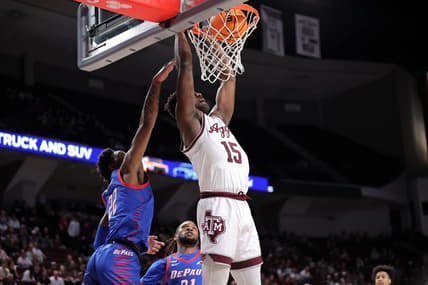 Dec 6, 2023; College Station, Texas, USA; Texas A&M Aggies forward Henry Coleman III (15) dunks against the DePaul Blue Demons during the first half at Reed Arena. Mandatory Credit: Erik Williams-USA TODAY Sports
