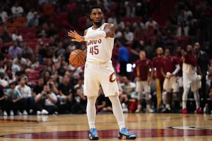 Dec 8, 2023; Miami, Florida, USA; Cleveland Cavaliers guard Donovan Mitchell (45) stands with the ball on the court during the second half against the Miami Heat at Kaseya Center. Mandatory Credit: Jasen Vinlove-USA TODAY Sports