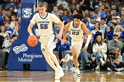 Dec 9, 2023; Omaha, Nebraska, USA;  Creighton Bluejays guard Baylor Scheierman (55) dribbles up the court with guard Trey Alexander (23) in the second half against the Central Michigan Chippewas at CHI Health Center Omaha. Mandatory Credit: Steven Branscombe-USA TODAY Sports