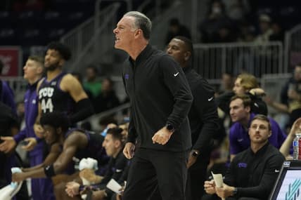 Dec 9, 2023; Toronto, Ontario, CAN; TCU Horned Frogs head coach Jamie Dixon reacts during the first half against the Clemson Tigers at Coca-Cola Coliseum. Mandatory Credit: John E. Sokolowski-USA TODAY Sports