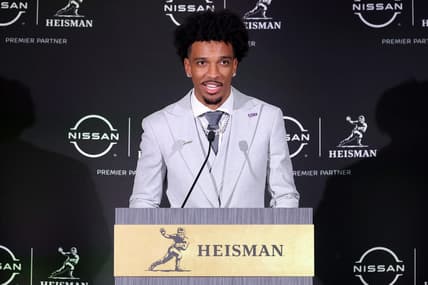 Dec 9, 2023; New York, New York, USA; LSU Tigers quarterback Jayden Daniels speaks to the media during a press conference in the Astor ballroom at the New York Marriott Marquis after winning the Heisman trophy. Mandatory Credit: Brad Penner-USA TODAY Sports