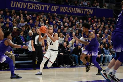 Dec 9, 2023; Seattle, Washington, USA; Gonzaga Bulldogs guard Nolan Hickman (11) drives the ball to the basket against the Washington Huskies during the second half at Alaska Airlines Arena at Hec Edmundson Pavilion. Mandatory Credit: Steven Bisig-USA TODAY Sports
