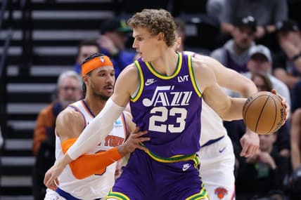 Dec 13, 2023; Salt Lake City, Utah, USA; Utah Jazz forward Lauri Markkanen (23) posts up against New York Knicks guard Josh Hart (3) during the second quarter at Delta Center. Mandatory Credit: Rob Gray-USA TODAY Sports