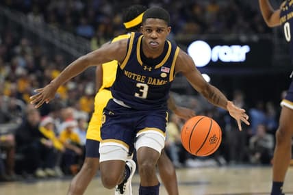 Dec 9, 2023; Milwaukee, Wisconsin, USA;  Notre Dame Fighting Irish guard Markus Burton (3) during the game against the Marquette Golden Eagles at Fiserv Forum. Mandatory Credit: Jeff Hanisch-USA TODAY Sports