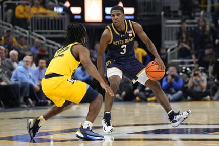 Dec 9, 2023; Milwaukee, Wisconsin, USA;  Notre Dame Fighting Irish guard Markus Burton (3) during the game against the Marquette Golden Eagles at Fiserv Forum. Mandatory Credit: Jeff Hanisch-USA TODAY Sports