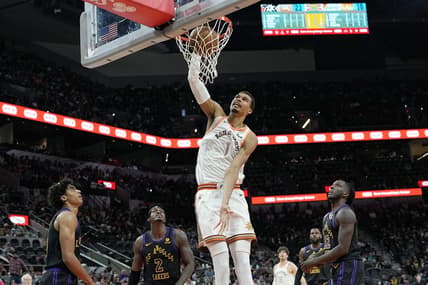 Dec 15, 2023; San Antonio, Texas, USA; San Antonio Spurs forward Victor Wembanyama (1) dunks during the first half against the Los Angeles Lakers at Frost Bank Center. Mandatory Credit: Scott Wachter-USA TODAY Sports