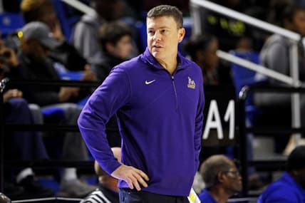 Dec 16, 2023; Hampton, Virginia, USA; James Madison Dukes head coach Mark Byington looks on during the second half of the game against the Hampton Pirates at Hampton Convocation Center. Mandatory Credit: Peter Casey-USA TODAY Sports