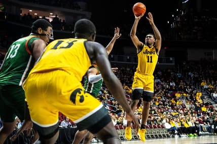 Iowa's Tony Perkins attempts a shot during the Hawkeye Showcase at Wells Fargo Arena on Saturday, Dec. 16, 2023, in Des Moines.