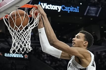 Dec 17, 2023; San Antonio, Texas, USA; San Antonio Spurs forward Victor Wembanyama (1) dunks during the second half against the New Orleans Pelicans at Frost Bank Center. Mandatory Credit: Scott Wachter-USA TODAY Sports