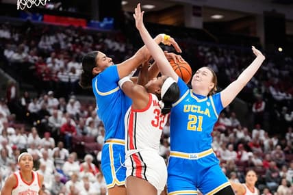 Dec 18, 2023; Columbus, OH, USA; UCLA Bruins center Lauren Betts (51) and forward Lina Sontag (21) block the shot of Ohio State Buckeyes forward Cotie McMahon (32) during the first half of the NCAA women   s basketball game at Value City Arena.