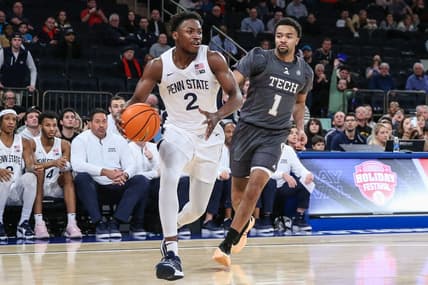 Dec 16, 2023; New York, New York, USA;  Penn State Nittany Lions guard D'Marco Dunn (2) and Georgia Tech Yellow Jackets guard Kyle Sturdivant (1) at Madison Square Garden. Mandatory Credit: Wendell Cruz-USA TODAY Sports