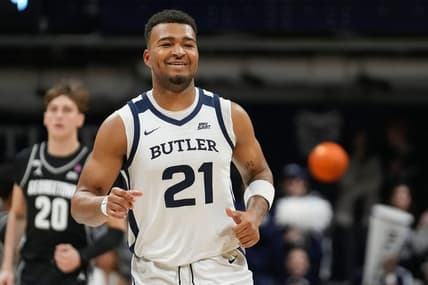 Butler Bulldogs guard Pierre Brooks II (21) runs up the court after shooting a free throw Tuesday, Dec. 19, 2023, at Hinkle Fieldhouse in Indianapolis.