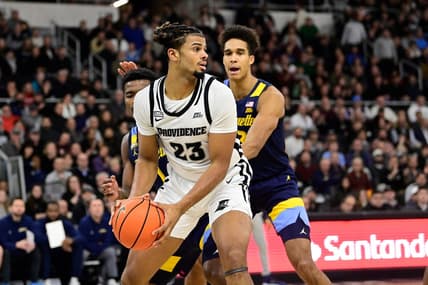 Dec 19, 2023; Providence, Rhode Island, USA; Providence Friars forward Bryce Hopkins (23) looks to pass the ball during the first half against the Marquette Golden Eagles at Amica Mutual Pavilion. Mandatory Credit: Eric Canha-USA TODAY Sports