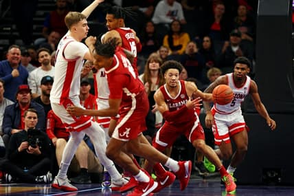 Dec 20, 2023; Phoenix, Arizona, USA; Alabama Crimson Tide guard Mark Sears (1) brings the ball up court during the first half of the game against the Arizona Wildcats in the Hall of Fame Series at Footprint Center. Mandatory Credit: Mark J. Rebilas-USA TODAY Sports