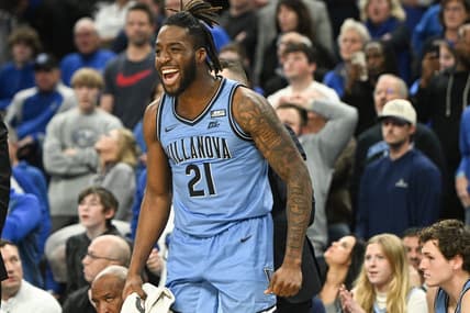 Dec 20, 2023; Omaha, Nebraska, USA;  Villanova Wildcats forward Nnanna Njoku (21) reacts to a play against the Creighton Bluejays in the second half at CHI Health Center Omaha. Mandatory Credit: Steven Branscombe-USA TODAY Sports