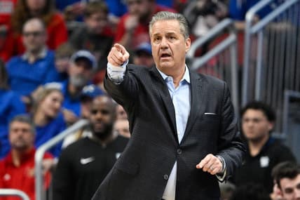 Dec 21, 2023; Louisville, Kentucky, USA;  Kentucky Wildcats head coach John Calipari gives instruction during the second half against the Louisville Cardinals at KFC Yum! Center. Kentucky defeated Louisville 95-76. Mandatory Credit: Jamie Rhodes-USA TODAY Sports