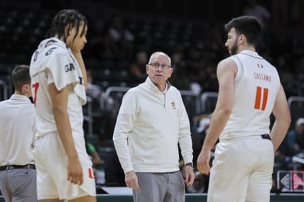 Dec 21, 2023; Coral Gables, Florida, USA; Miami Hurricanes head coach Jim Larranaga looks on against the Stonehill Skyhawks during the second half at Watsco Center. Mandatory Credit: Sam Navarro-USA TODAY Sports