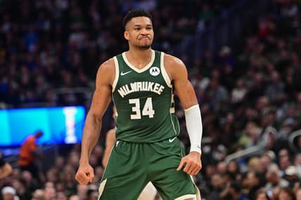 Dec 21, 2023; Milwaukee, Wisconsin, USA;  Milwaukee Bucks forward Giannis Antetokounmpo (34) reacts after scoring a basket in the second quarter against the Orlando Magic at Fiserv Forum. Mandatory Credit: Benny Sieu-USA TODAY Sports