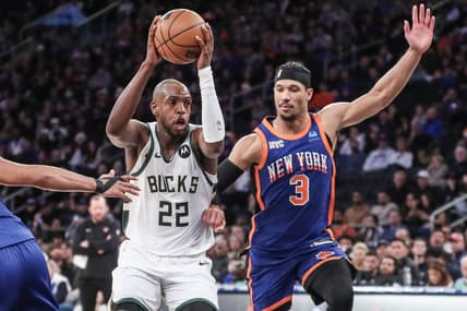Dec 23, 2023; New York, New York, USA;  Milwaukee Bucks forward Khris Middleton (22) looks to drive past New York Knicks guard Josh Hart (3) in the fourth quarter at Madison Square Garden. Mandatory Credit: Wendell Cruz-USA TODAY Sports