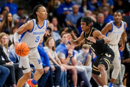 Memphis' Caleb Mills (9) prepares to drive to the basket during the game between Vanderbilt University and University of Memphis at FedExForum in Memphis, Tenn., on Saturday, December 23, 2023.