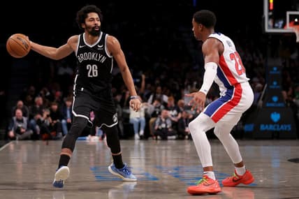 Dec 23, 2023; Brooklyn, New York, USA; Brooklyn Nets guard Spencer Dinwiddie (26) looks to pass the ball against Detroit Pistons guard Jaden Ivey (23) during the second quarter at Barclays Center. Mandatory Credit: Brad Penner-USA TODAY Sports